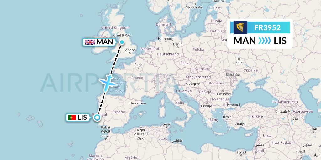 FR3952 Ryanair Flight Map: Manchester to Lisbon