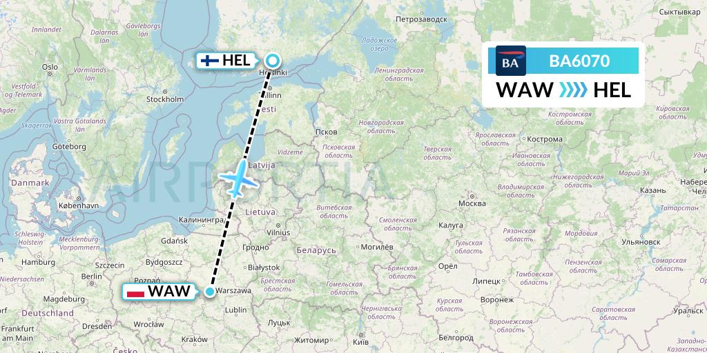 BA6070 British Airways Flight Map: Warsaw to Helsinki
