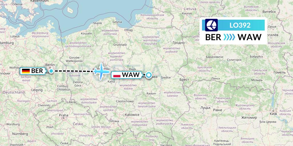 LO392 LOT Flight Map: Berlin to Warsaw