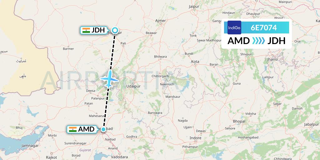 6E7074 IndiGo Airlines Flight Map: Ahmedabad to Jodhpur