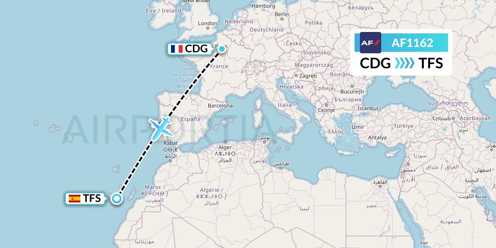 AF1162 Air France Flight Map: Paris to Tenerife