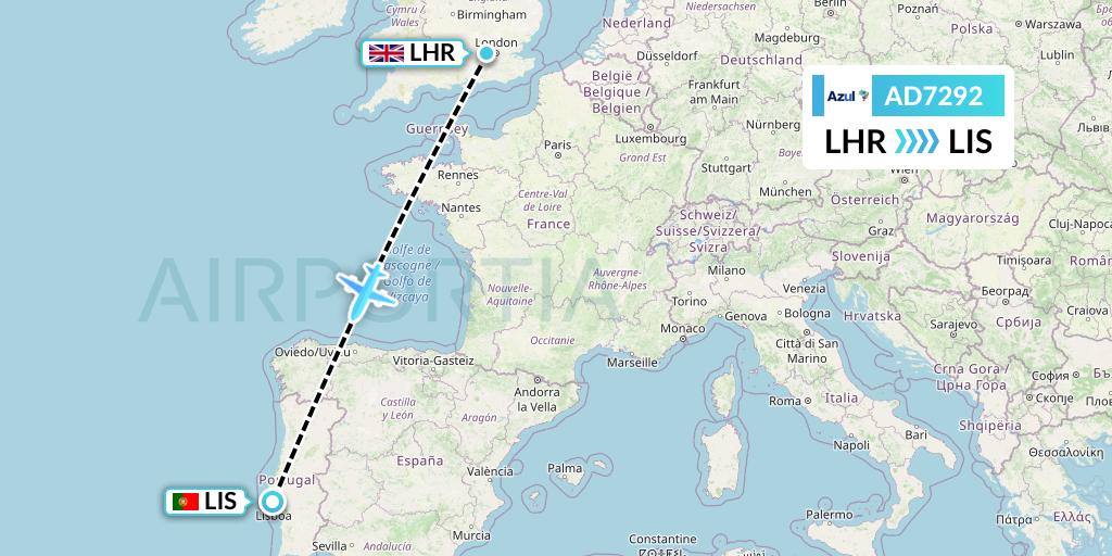 AD7292 Azul Brazilian Airlines Flight Map: London to Lisbon