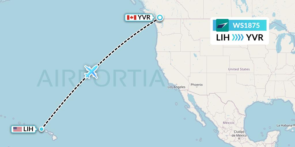WS1875 WestJet Flight Map: Lihue to Vancouver