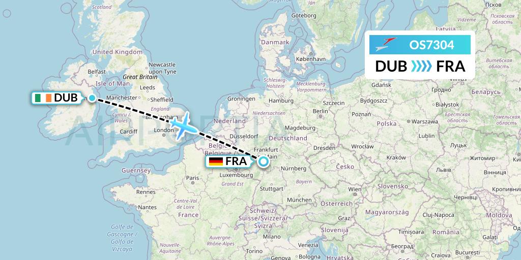 OS7304 Austrian Airlines Flight Map: Dublin to Frankfurt