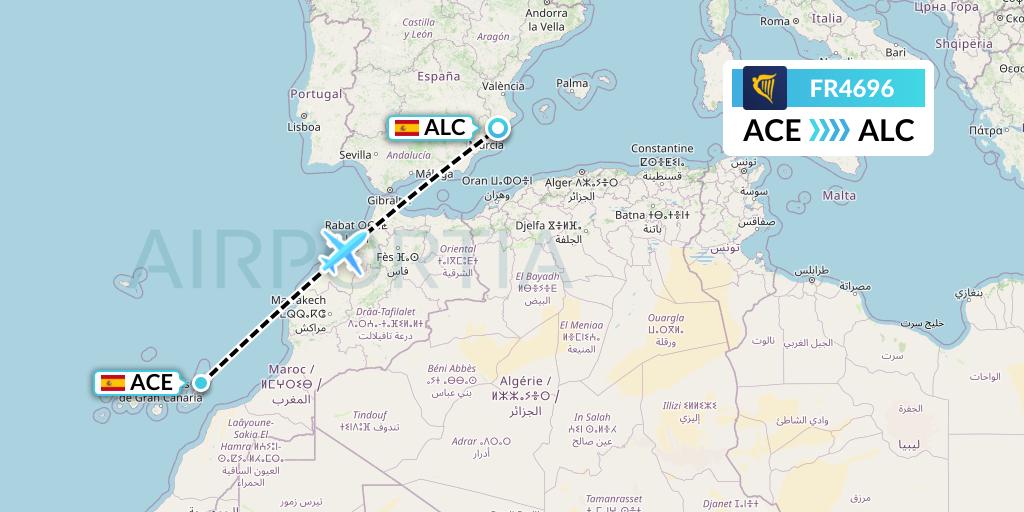 FR4696 Ryanair Flight Map: Lanzarote to Alicante
