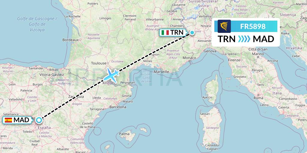 FR5898 Ryanair Flight Map: Turin to Madrid