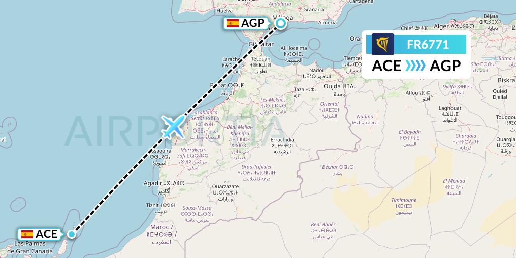 FR6771 Ryanair Flight Map: Lanzarote to Malaga