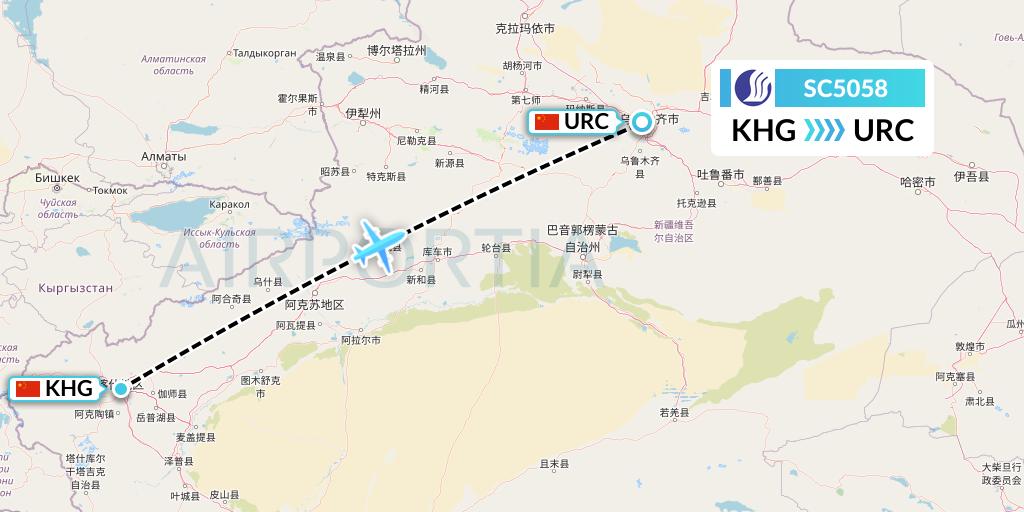 SC5058 Shandong Airlines Flight Map: Kashgar to Urumqi