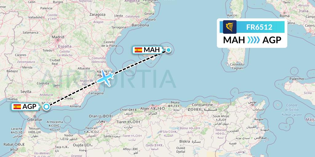 FR6512 Ryanair Flight Map: Mahon to Malaga