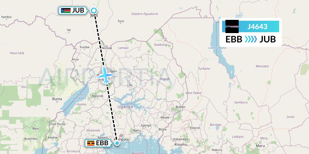 J4643 Badr Airlines Flight Map: Entebbe to Juba