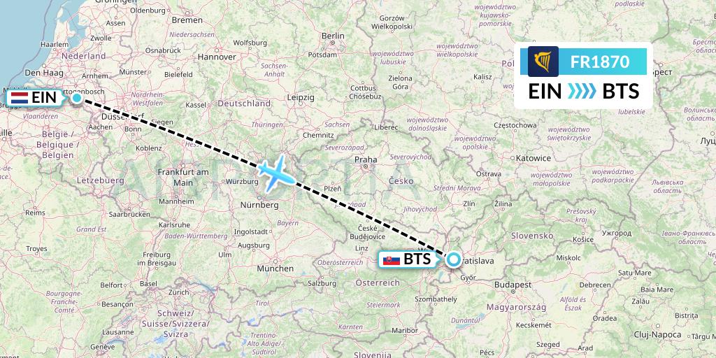FR1870 Ryanair Flight Map: Eindhoven to Bratislava