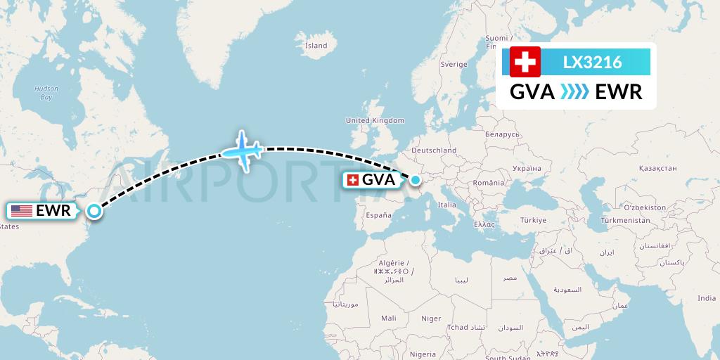 LX3216 Swiss Flight Map: Geneva to New York