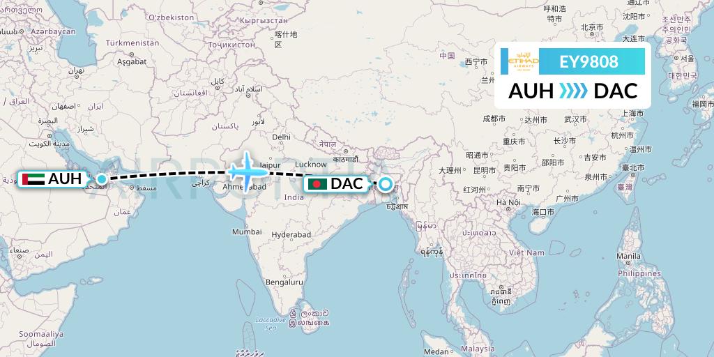 EY9808 Etihad Airways Flight Map: Abu Dhabi to Dhaka