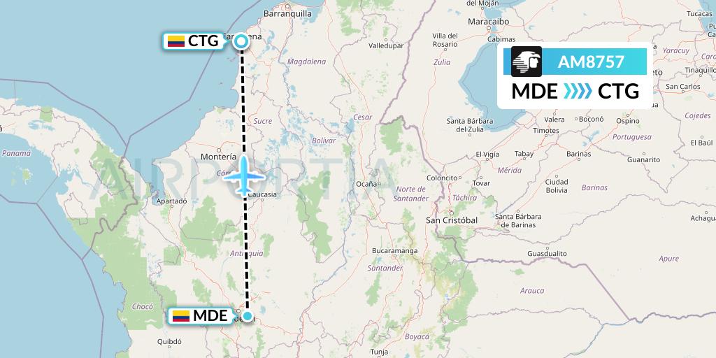 AM8757 Aeromexico Flight Map: Medellin to Cartagena
