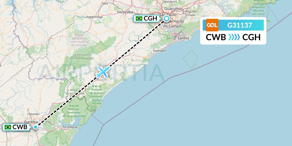 G31137 GOL Transportes Aeros Flight Map: Curitiba to Sao Paulo