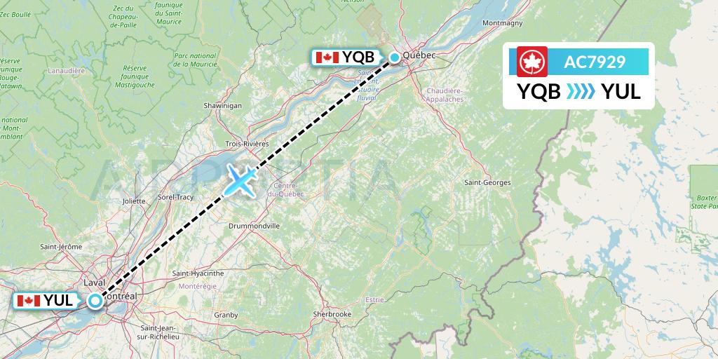 AC7929 Air Canada Flight Map: Quebec to Montreal