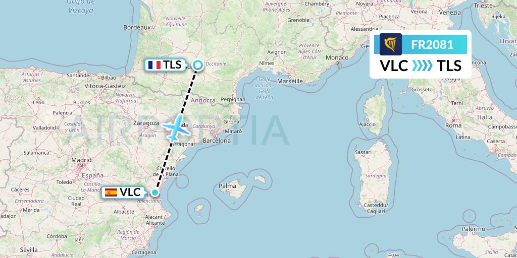 FR2081 Ryanair Flight Map: Valencia to Toulouse