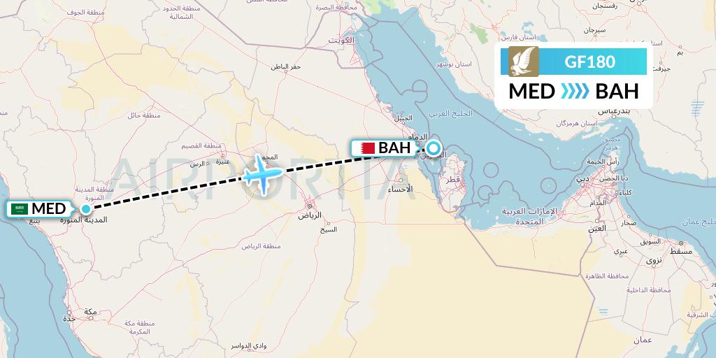 GF180 Gulf Air Flight Map: Medina to Bahrain