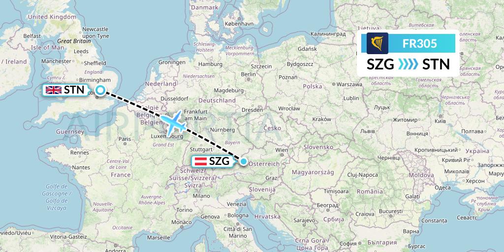 FR305 Ryanair Flight Map: Salzburg to London