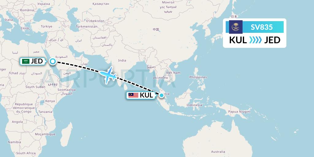 SV835 Saudi Arabian Airlines Flight Map: Kuala Lumpur to Jeddah
