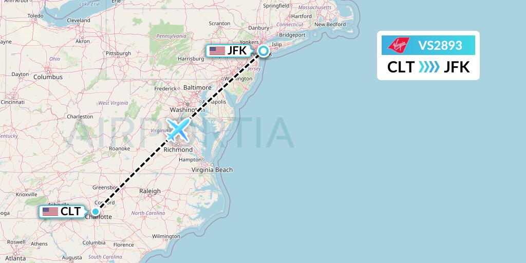 VS2893 Virgin Atlantic Airways Flight Map: Charlotte to New York