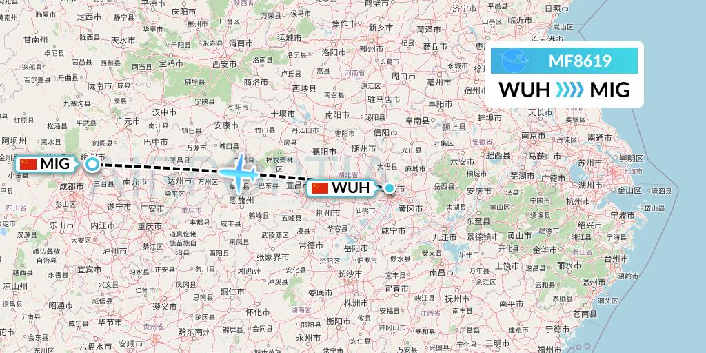MF8619 Xiamen Airlines Flight Map: Wuhan to Mianyang