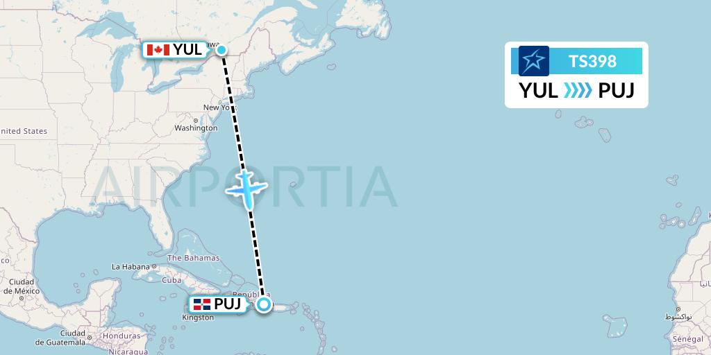TS398 Air Transat Flight Map: Montreal to Punta Cana