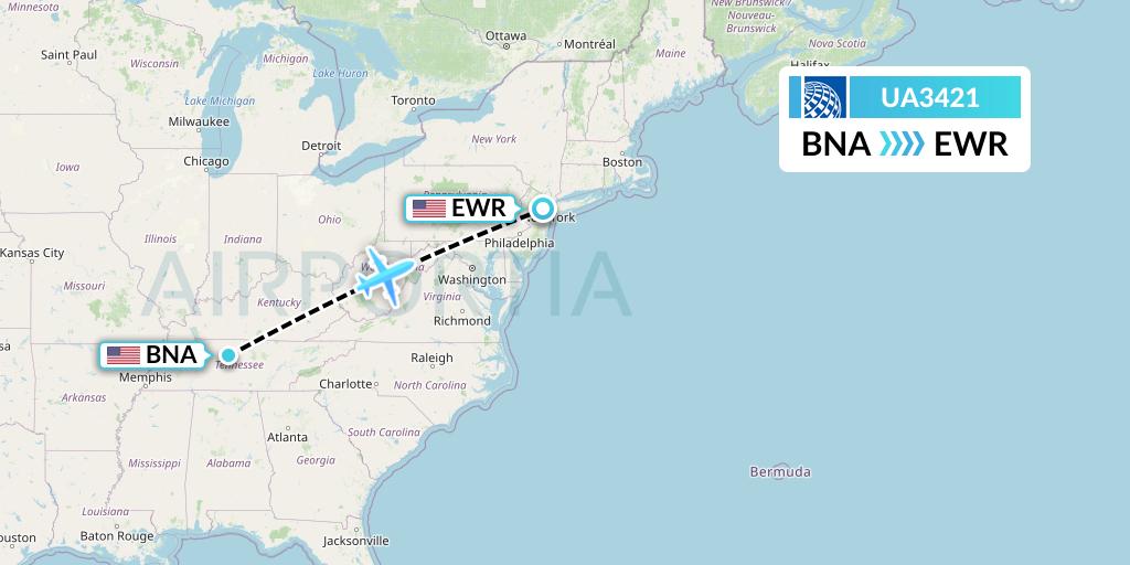 UA3421 United Airlines Flight Map: Nashville to New York