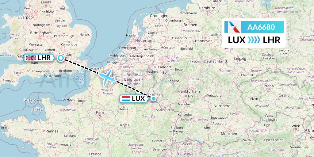 AA6680 American Airlines Flight Map: Luxembourg to London