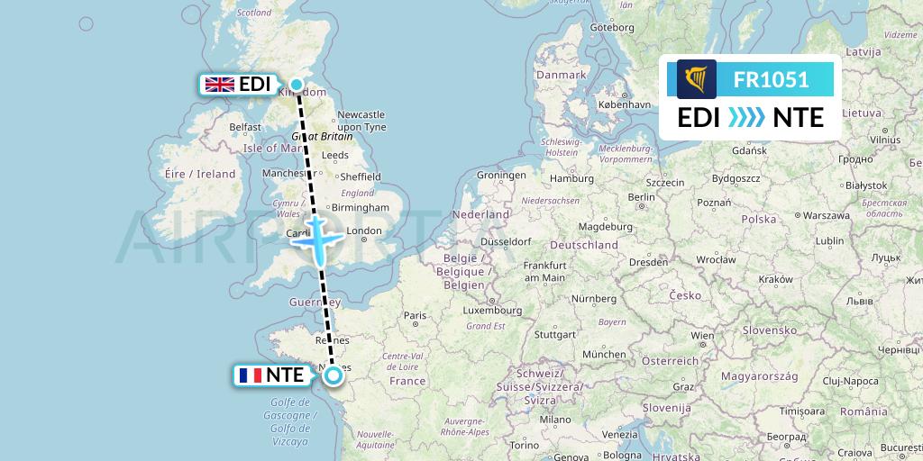 FR1051 Ryanair Flight Map: Edinburgh to Nantes