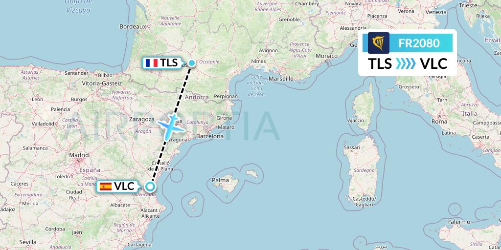 FR2080 Ryanair Flight Map: Toulouse to Valencia