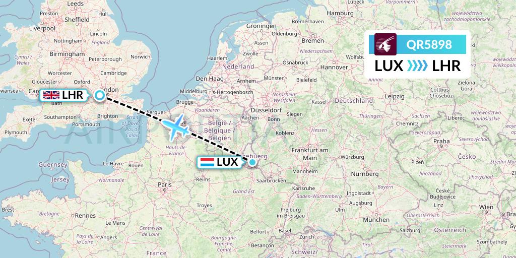 QR5898 Qatar Airways Flight Map: Luxembourg to London
