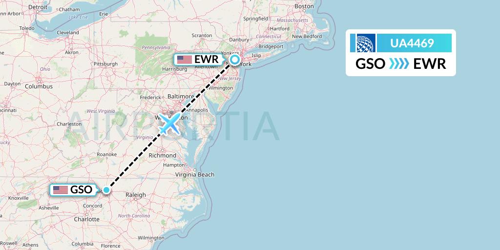 UA4469 United Airlines Flight Map: Greensboro to New York