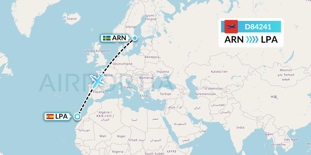 D84241 Norwegian Air International Flight Map: Stockholm to Las Palmas