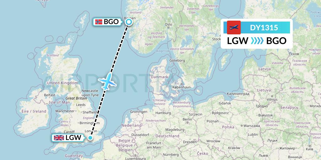 DY1315 Norwegian Flight Map: London to Bergen