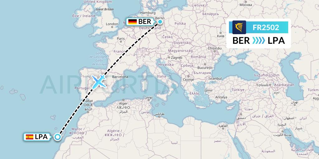 FR2502 Ryanair Flight Map: Berlin to Las Palmas