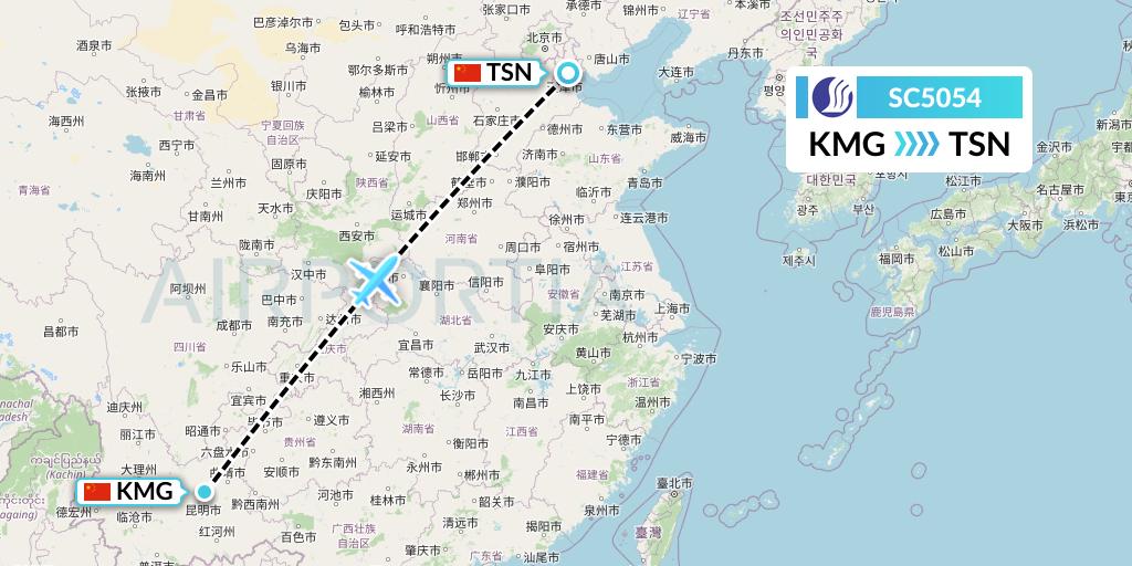 SC5054 Shandong Airlines Flight Map: Kunming to Tianjin