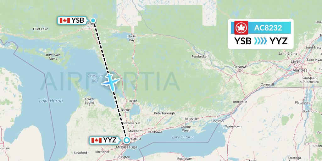AC8232 Air Canada Flight Map: Sudbury to Toronto