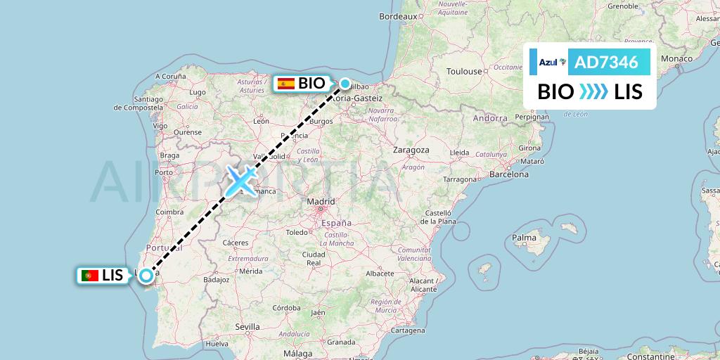 AD7346 Azul Brazilian Airlines Flight Map: Bilbao to Lisbon