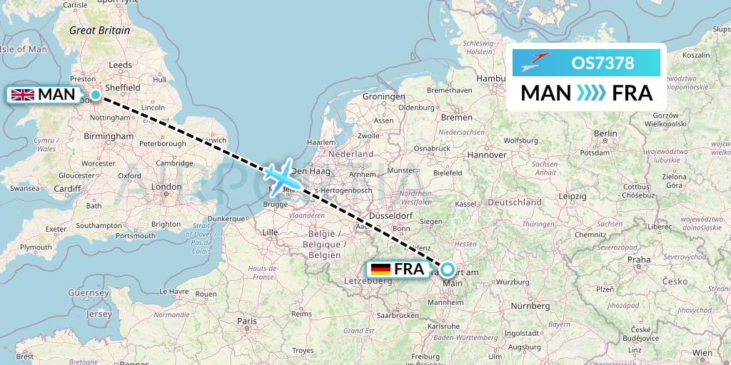 OS7378 Austrian Airlines Flight Map: Manchester to Frankfurt