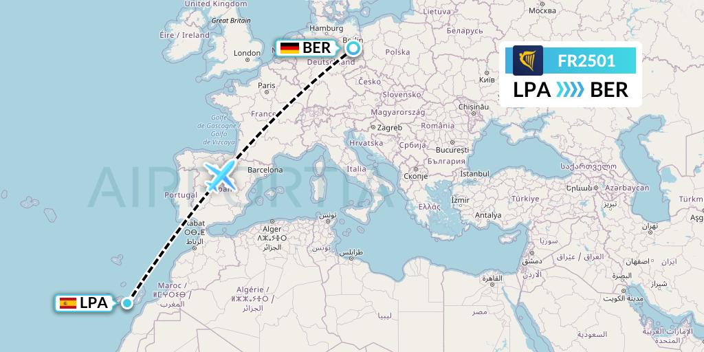 FR2501 Ryanair Flight Map: Las Palmas to Berlin