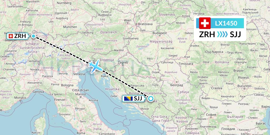 LX1450 Swiss Flight Map: Zurich to Sarajevo