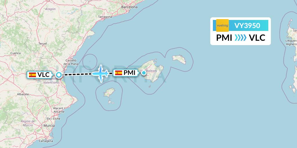 VY3950 Vueling Flight Map: Palma de Mallorca to Valencia