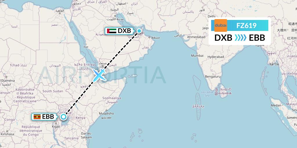 FZ619 FlyDubai Flight Map: Dubai to Entebbe