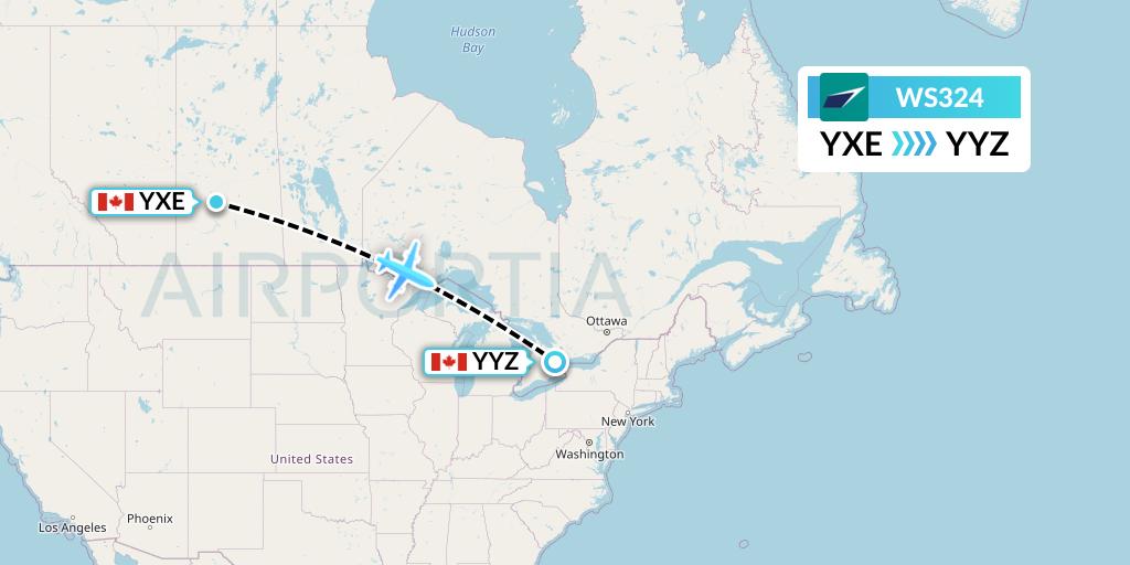 WS324 WestJet Flight Map: Saskatoon to Toronto