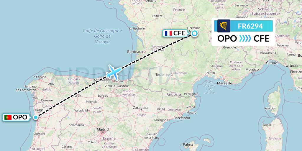 FR6294 Ryanair Flight Map: Porto to Clermont-Ferrand