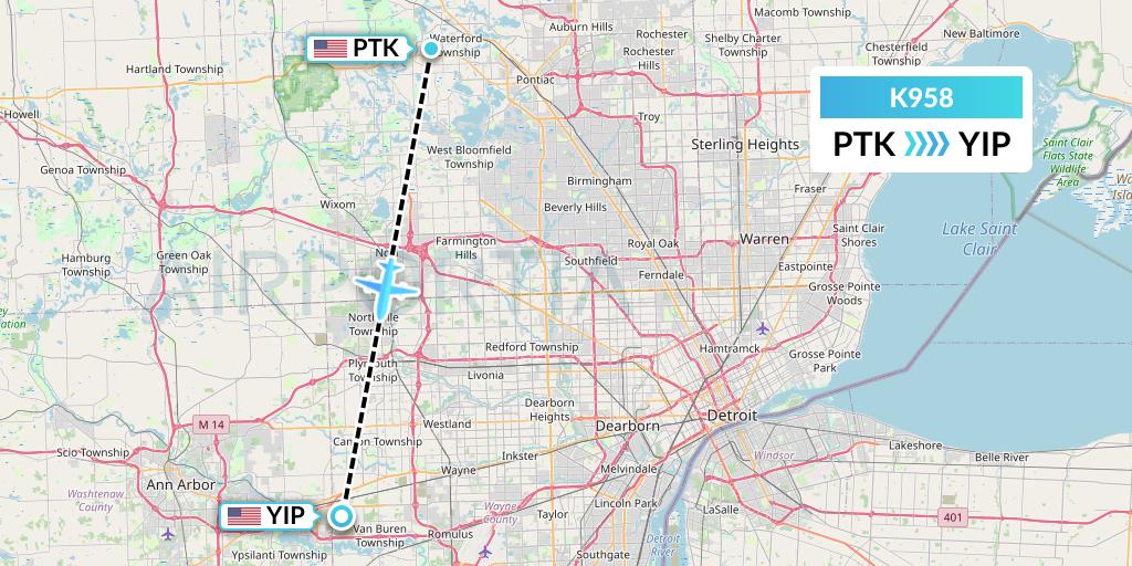 K958 Kalitta Charters Flight Map: Oakland County to Detroit