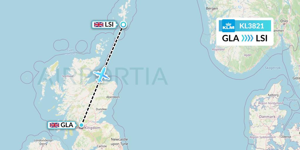 KL3821 KLM Flight Map: Glasgow to Sumburgh