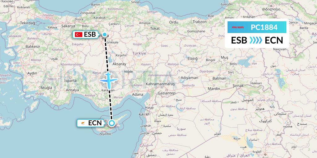 PC1884 Pegasus Airlines Flight Map: Ankara to Tymvou