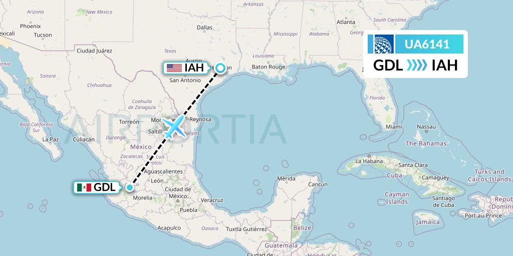 UA6141 United Airlines Flight Map: Guadalajara to Houston